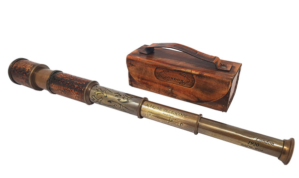 Brass Nautical - 12x Telescope, Functional Vintage Handcrafted Collapsible Pirate Spyglass with Imprinted Leather Case, Gifting Spyglass For Kids Travelers Adventure Enthusiasts Collectible - 17" Long - 20117