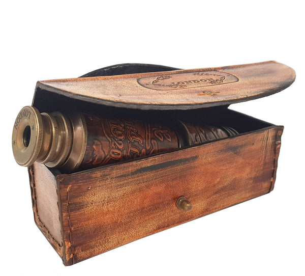 Brass Nautical - 12x Telescope, Functional Vintage Handcrafted Collapsible Pirate Spyglass with Imprinted Leather Case, Gifting Spyglass For Kids Travelers Adventure Enthusiasts Collectible - 17" Long - 20117