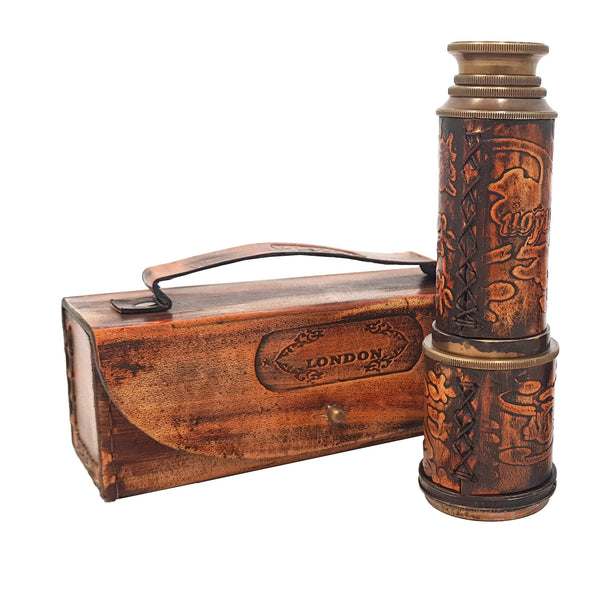 Brass Nautical - 12x Telescope, Functional Vintage Handcrafted Collapsible Pirate Spyglass with Imprinted Leather Case, Gifting Spyglass For Kids Travelers Adventure Enthusiasts Collectible - 17" Long - 20117