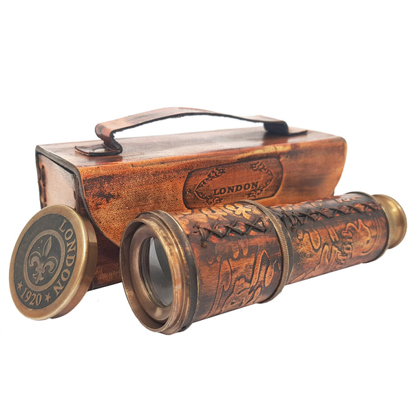 Brass Nautical - 12x Telescope, Functional Vintage Handcrafted Collapsible Pirate Spyglass with Imprinted Leather Case, Gifting Spyglass For Kids Travelers Adventure Enthusiasts Collectible - 17" Long - 20117