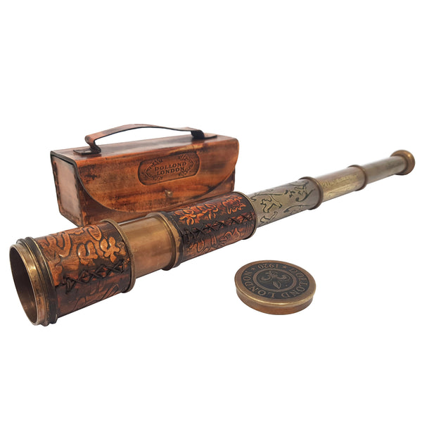 Brass Nautical - 12x Telescope, Functional Vintage Handcrafted Collapsible Pirate Spyglass with Imprinted Leather Case, Gifting Spyglass For Kids Travelers Adventure Enthusiasts Collectible - 17" Long - 20117