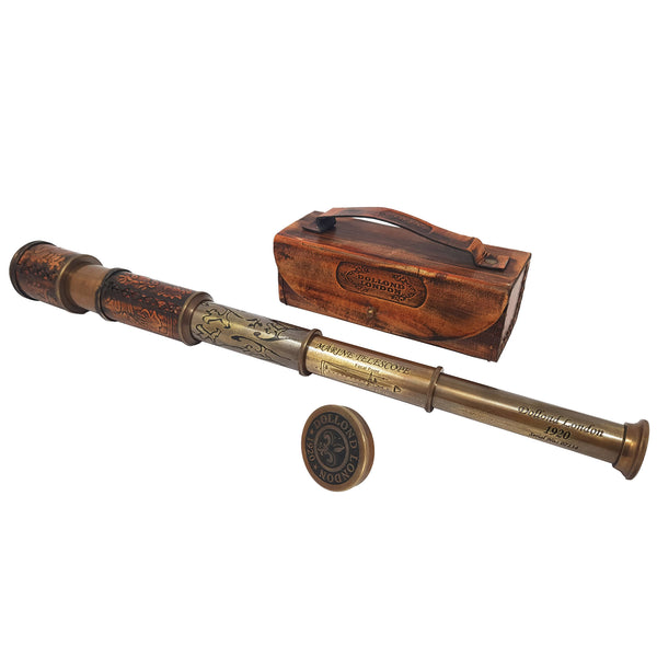 Brass Nautical - 12x Telescope, Functional Vintage Handcrafted Collapsible Pirate Spyglass with Imprinted Leather Case, Gifting Spyglass For Kids Travelers Adventure Enthusiasts Collectible - 17" Long - 20117